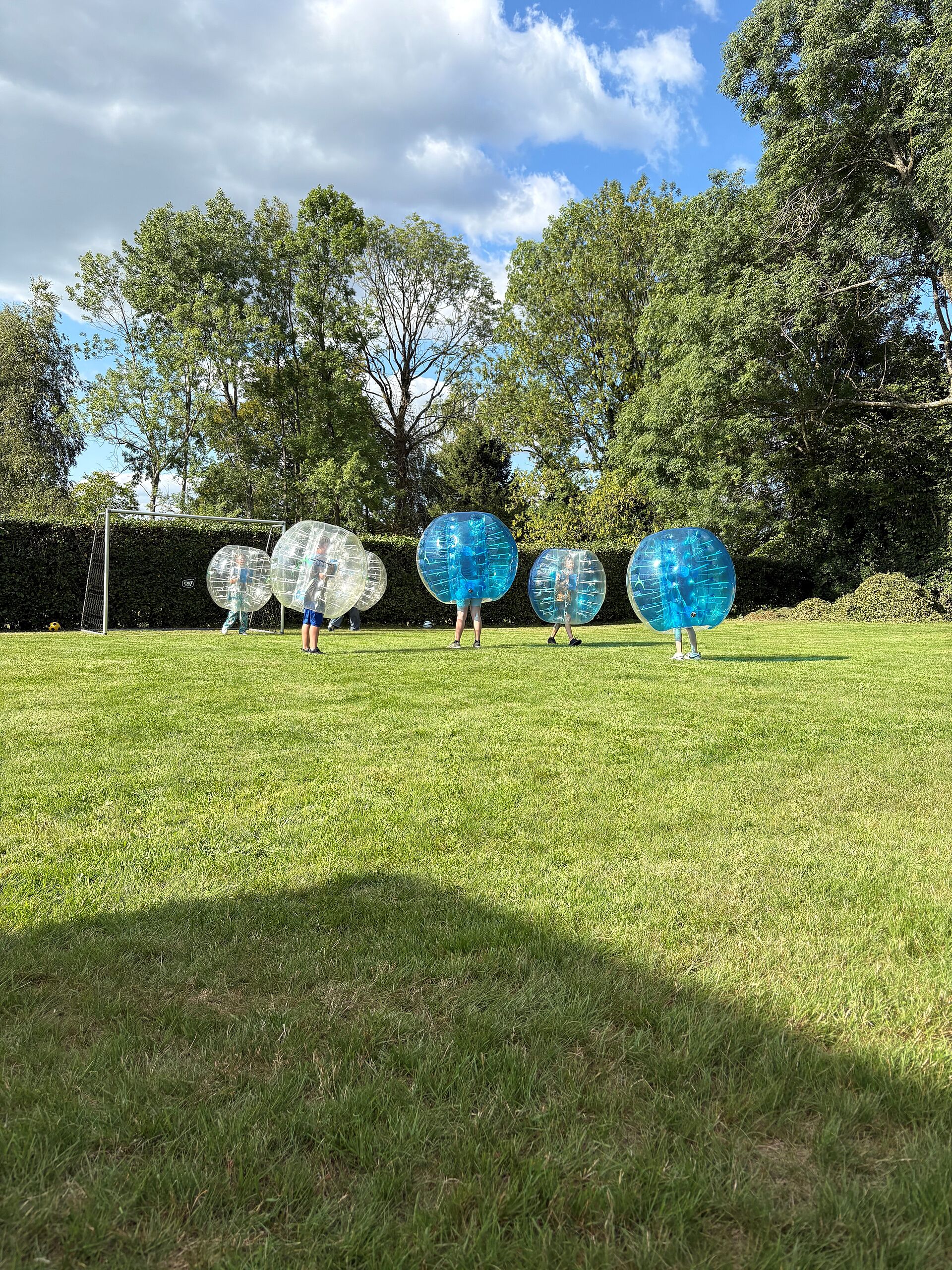 Jugendliche in großen aufblasbaren Bällen auf einer Wiese.